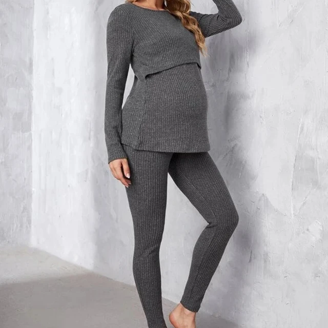 Maternity ribbed knit lift Care top and leggings pajamas comfortable casual set for women