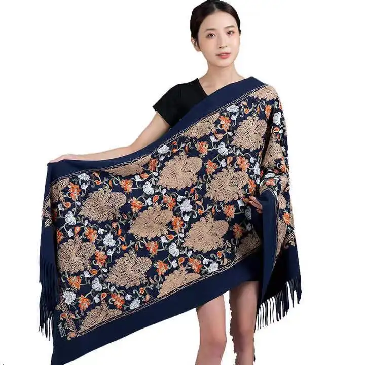 Thick Warm Cashmere Shawls Mixed Long Winter Poncho Scarves With Delicate Embroidery For Women Supplier Wholesale