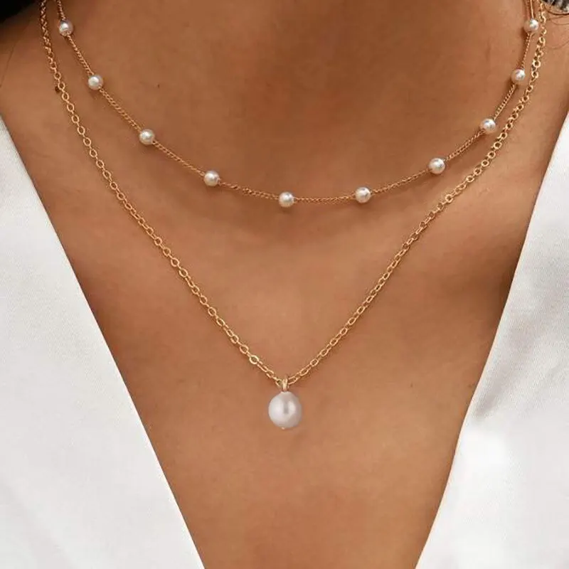 2024 Boho Double Layer Pearl Necklace 2pcs/set Multilayer Necklace Bead Chain Necklace for Women Girls