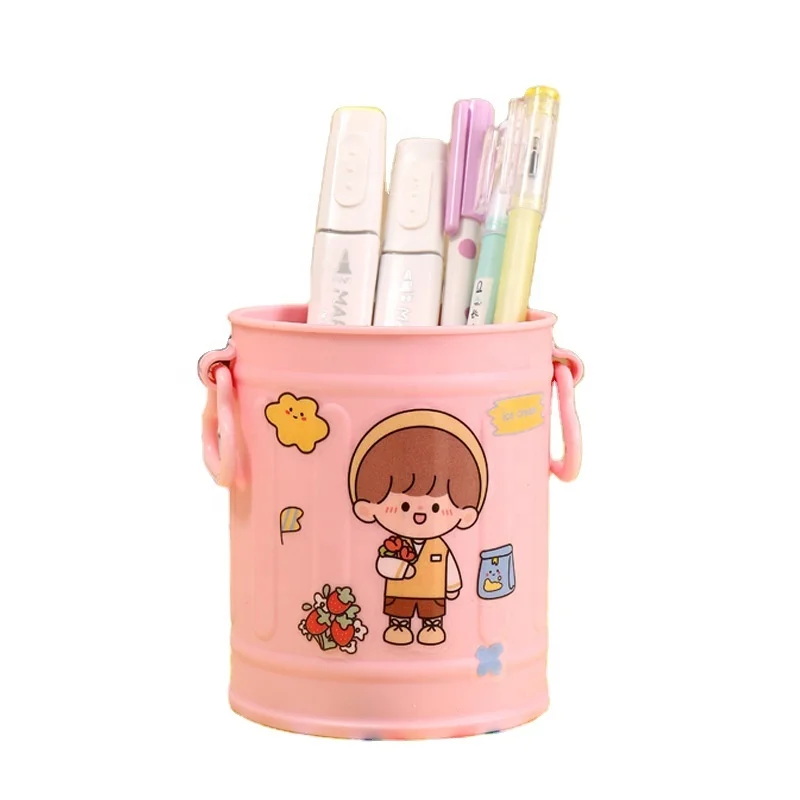 Retro Makeup Brush Container Desktop Trash Can Desk Office Stationery Shelf Holder Cute Student Pen Storage Boxes with handles