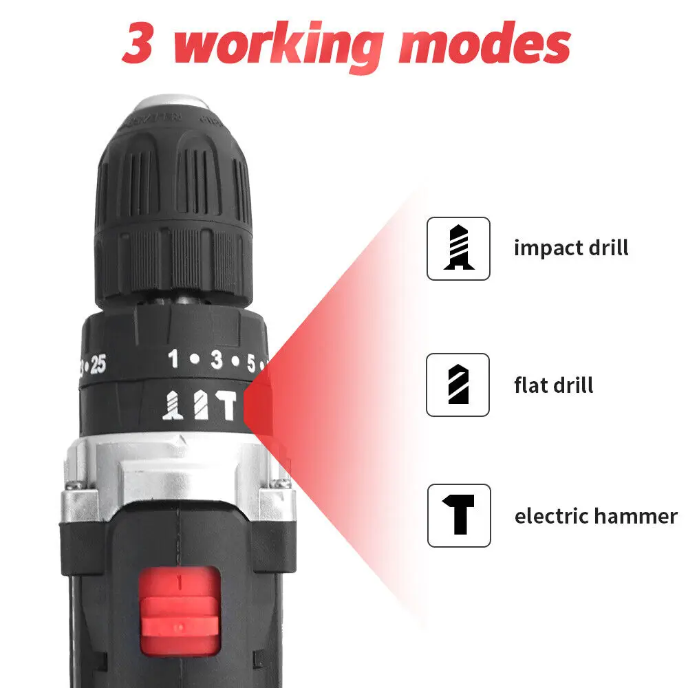 21V 3-in-1 Cordless Power Hammer Drill Set Variable Speed Electric Impact Combi Drill Electric Screwdriver Tools Industrial DIY