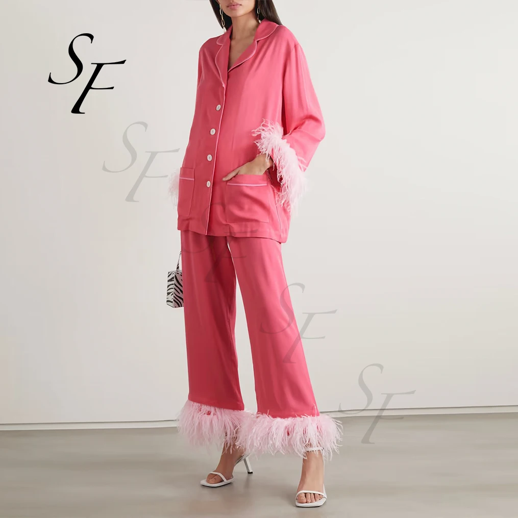Custom 2 piece set long shirt and pants Pyjamas Set Cotton Ostrich Feather Sleepwear Women Pajamas
