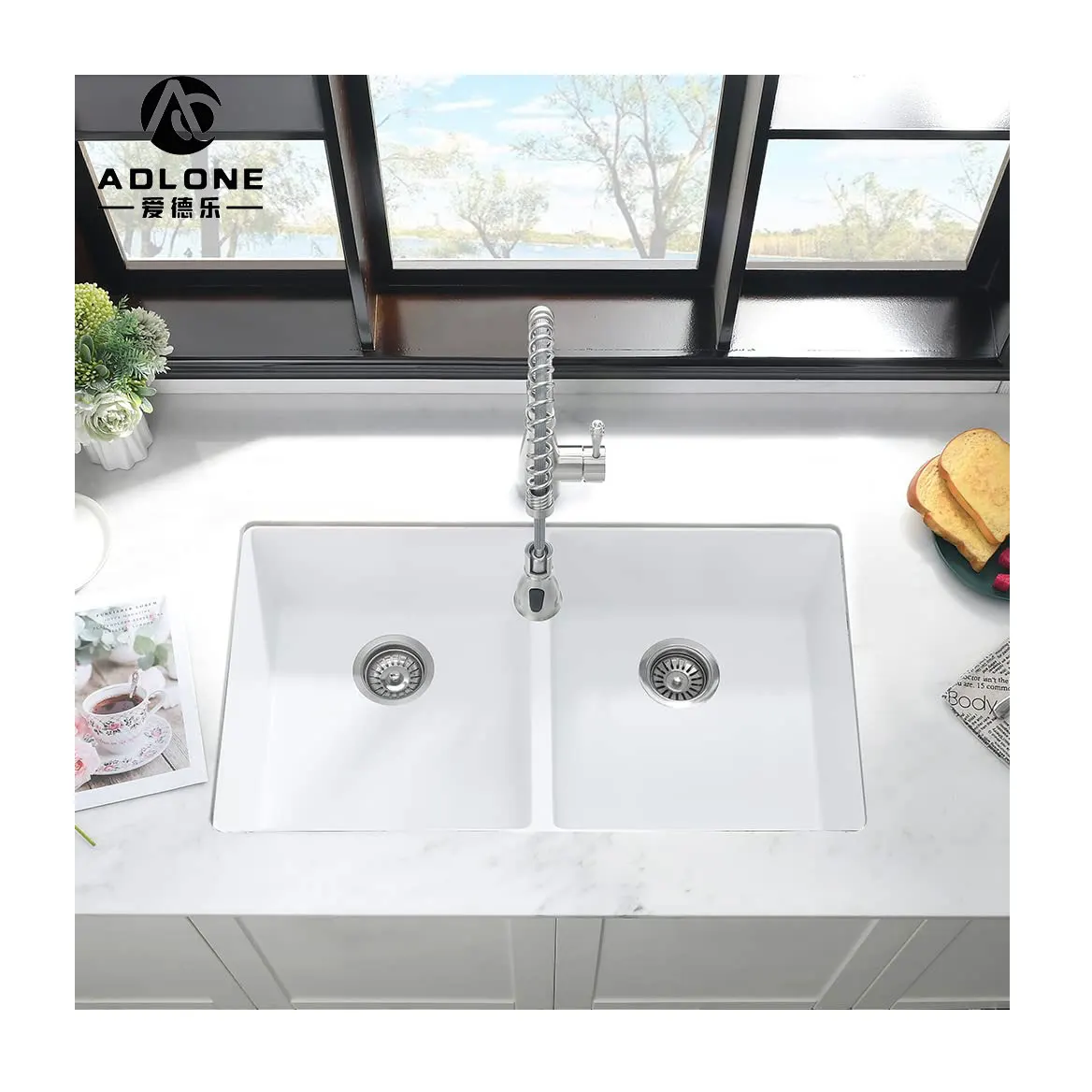 High quality handmade double bowl luxury Granite Composite quartz  kitchen sink
