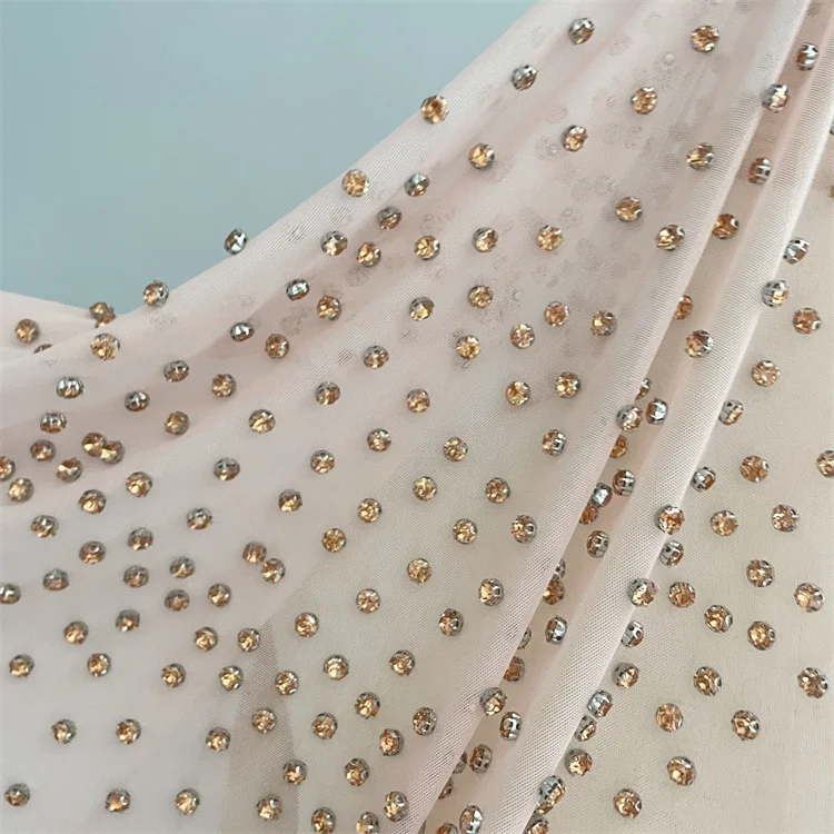 High quality Evening dress heavy sexy beige rhinestone tulle lace fabric for women