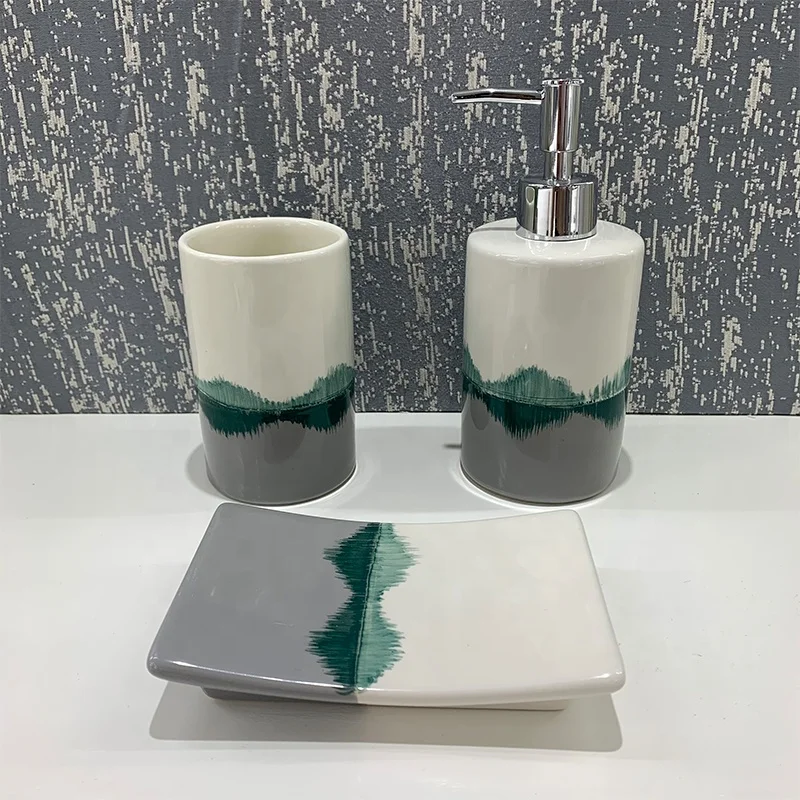 Modern hand-paiting design Landscape reflection ceramic bathroom set 4pcs toilet brush holder, cup, dish and soap dispenser