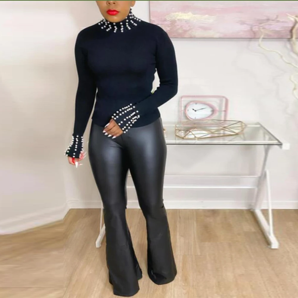 High quality milk fiber Solid color Long sleeve Bubble bead inlay Tops women keep warm blouses