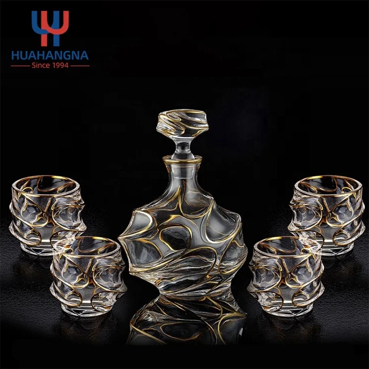 Luxury Unique Hand Made 25oz 750ml Gold Trim Crystal Emperor Whiskey Decanter and Glasses Set in Gift Box for Christmas Birthday