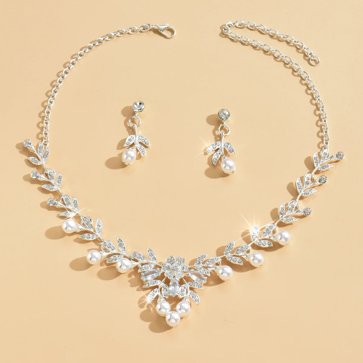 AM Rhinestone Floral Bridal Necklace Earring Set Brides Bridesmaid Wedding Jewelry Set Leave Necklace Earring Set AM1160011