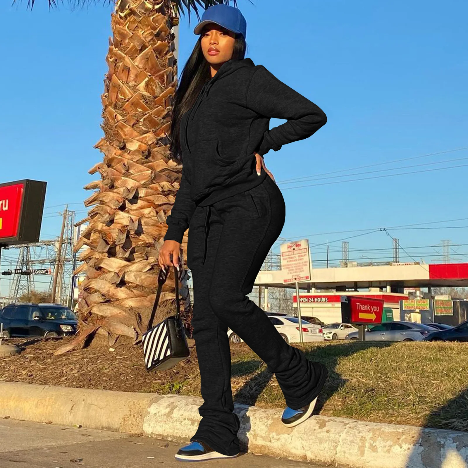 Autumn Winter Two Piece Outfits Solid Women Hoodie Set Casual Stacked Joggers Set Women Track Suits Two Piece Sets