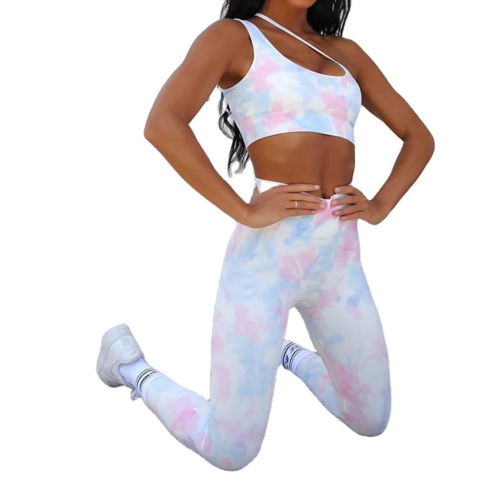 
Women Tie Dye Fitness Yoga Wear One Shoulder Beauty Back 2 Piece Crop Top Sports Wear Set 