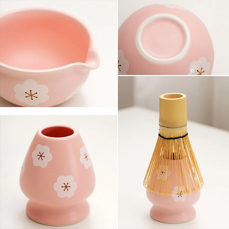 Ceremonial grade pink matcha whisk set professional 10 pieces matcha tools ceramic bowl glass cup tea towel and more