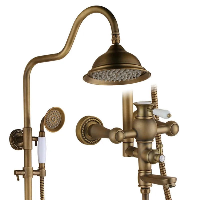 Best Selling Bathroom Exposed Shower Mixer Wall Mount Antique Brass Gold Rainfall Shower Faucet Set