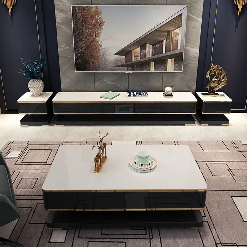 High gloss Italian style modern white luxury designs TV console stand cabinet with coffee table for living room furniture