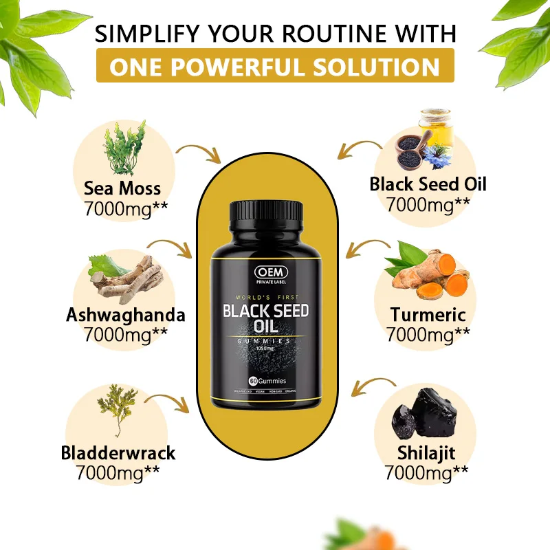 Manufacturer Custom Label Herbal Supplements Immune Support Joints Digestion Hair and Skin Black Seed Oil Gummies