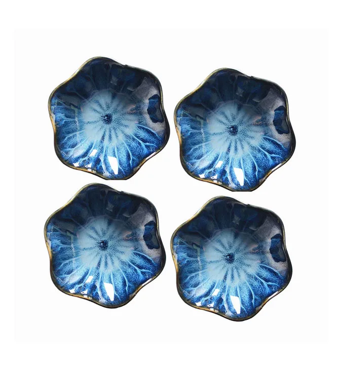 Creative Fashion Design 4 inch Ceramic Lotus Leaf Shape Dish Reactive Blue Soy Sauce Dishes Dipping Bowls Small Plate for Sushi