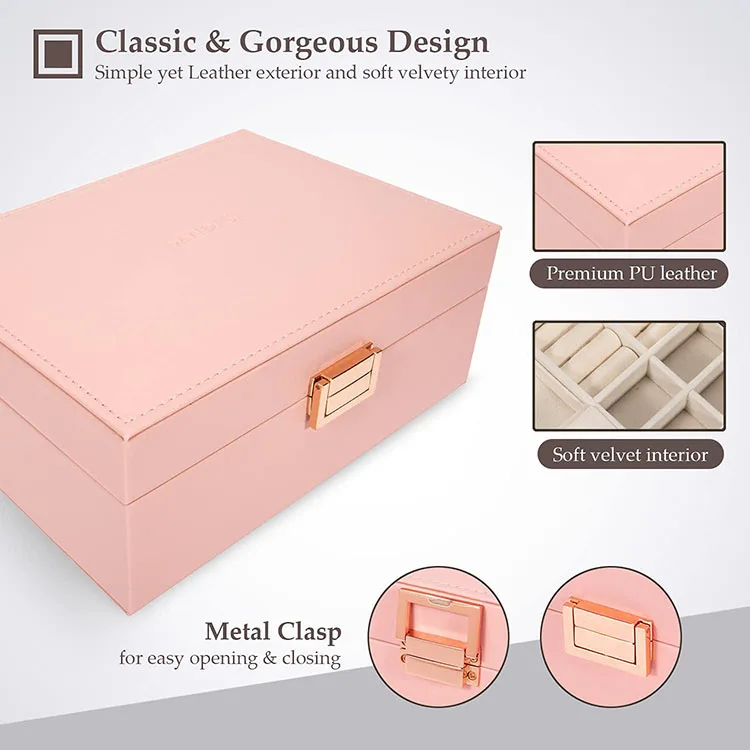Jewelry Box for Womens Teen Girls,Large Jewelry Organizer Storage Case with Mirror  and 2 Layers Removable Tray,Leather Jeweller