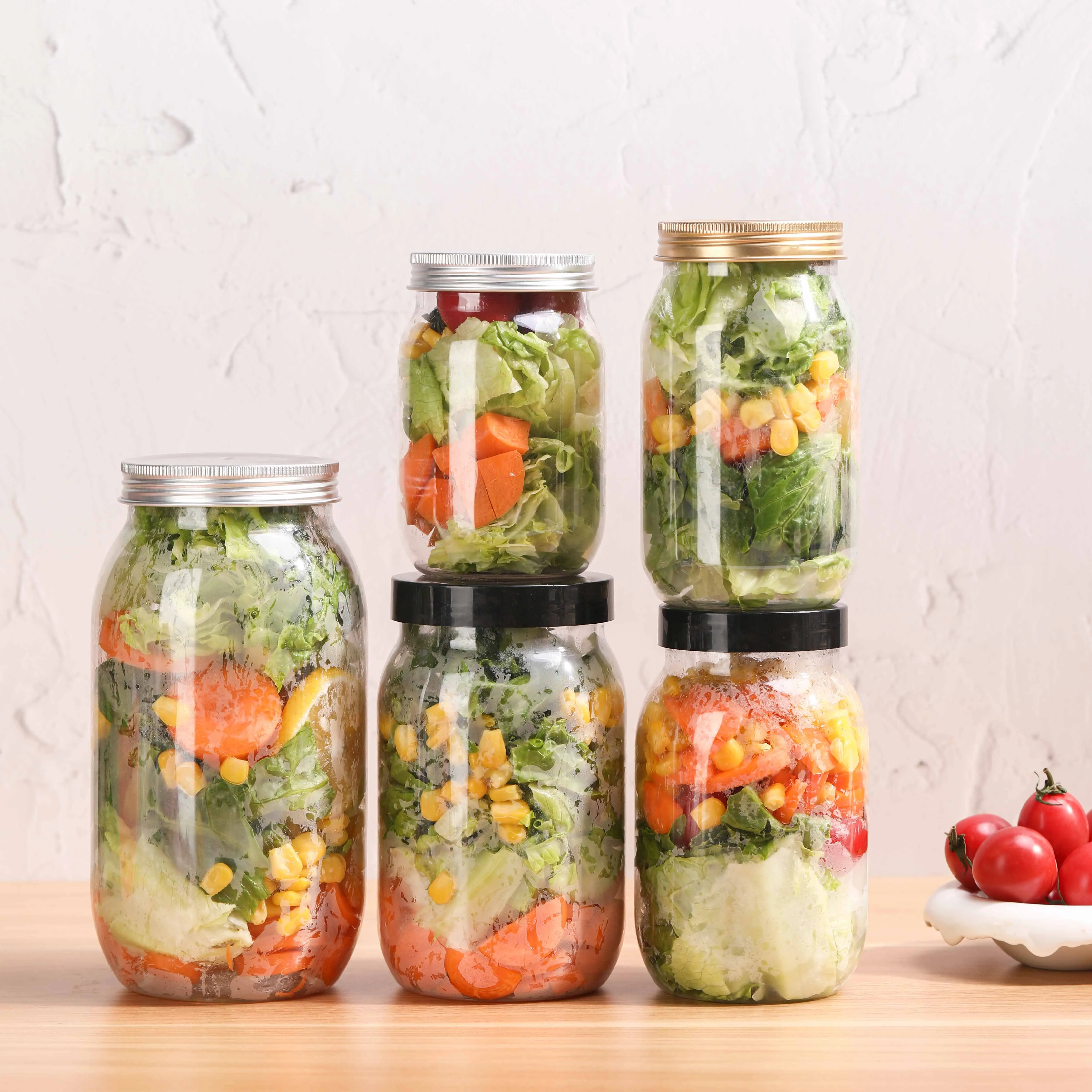 Hot Selling 32oz 1000ml Plastic Food Containers PET Transparent Jar for Salad BPA Free Jar With Lids for Salad