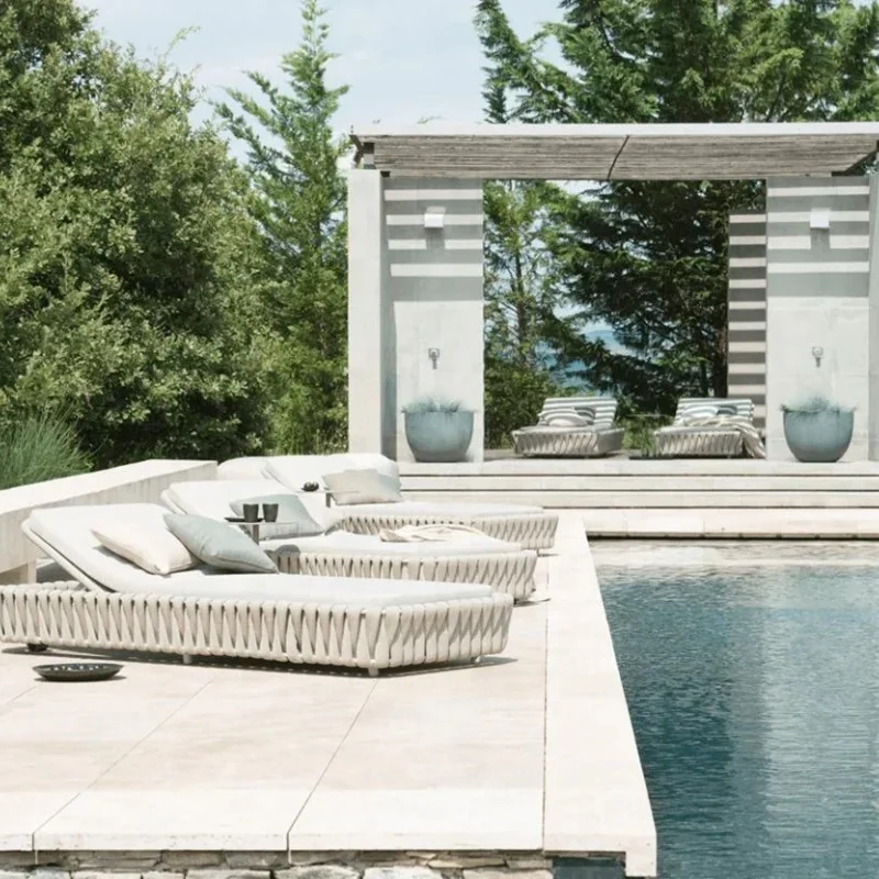 Hotel Villa  Outdoor Sun Lounge Furniture  Rope Wicker  Swimming Pool Sun Bed  Beach Sun Lounger