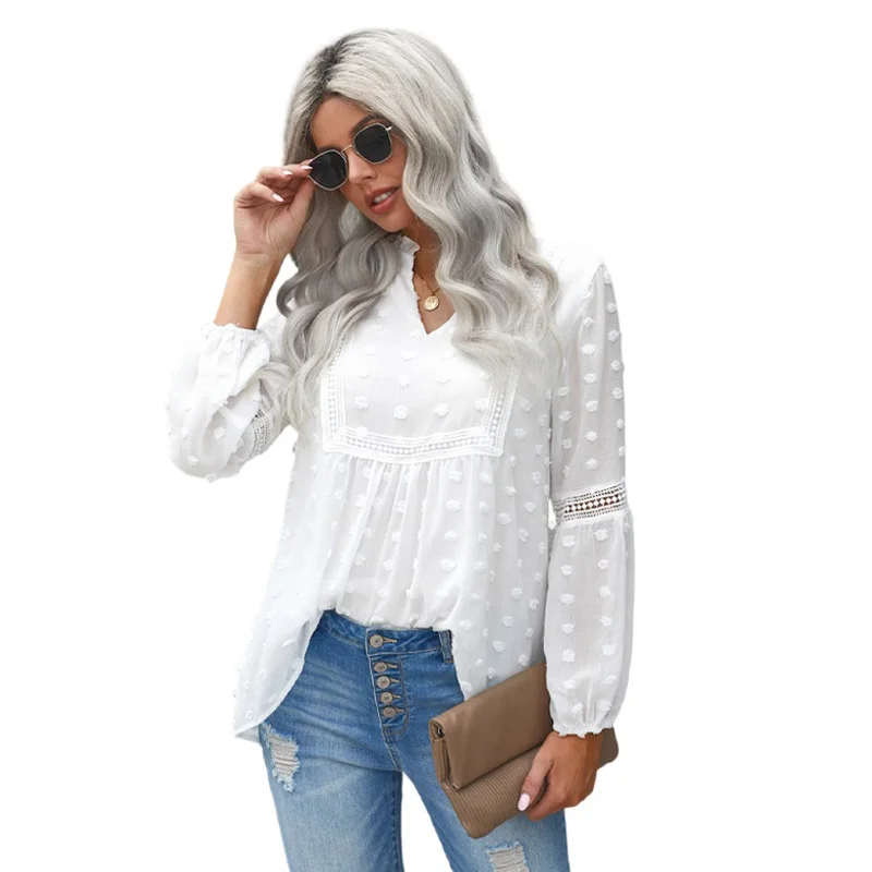 
New Design Solid Color Long Sleeve Vintage Sweatshirt Lace Lantern Sleeve Blouses Elegant Women Tops 