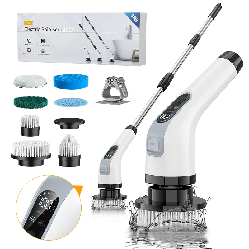 China Manufacturer 7-In-1 Removable Multi Purpose 30W Power 2nd Gear 3000mAh Rotary cordless electric cleaning brush/scrubber