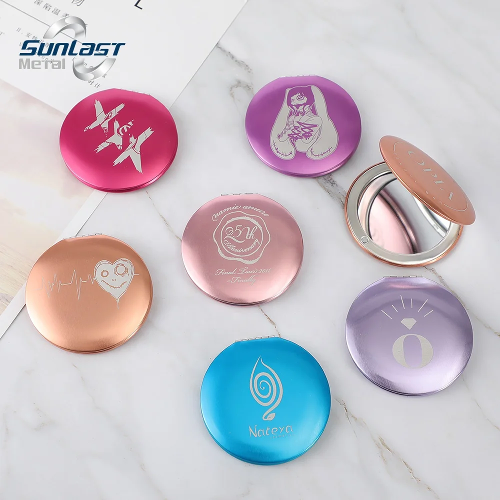 Customized Design OEM logo pink many color metal pocket mirror makeup compact mirror from China