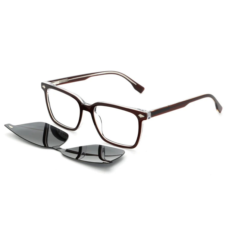 HH3612 Custom Business Clip On Square Acetate Frame Glasses Clip On Magnetic Polarized Sunglasses