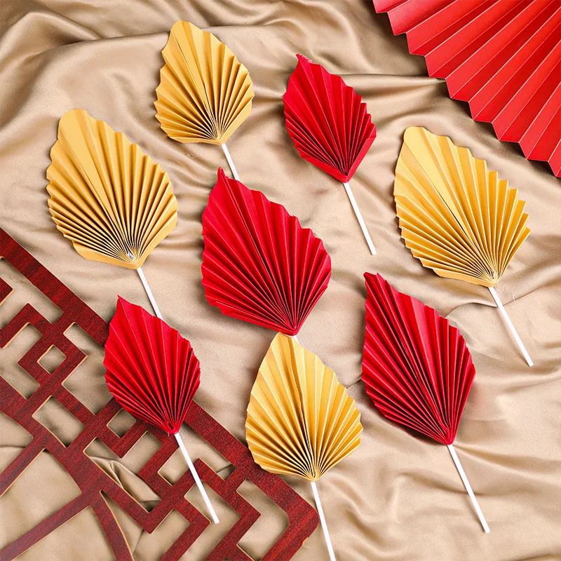 JY Cake Decoration Leaf Folding Fan Card Inserting Golden Leaf Red New Annual Celebration Birthday Cake Topper