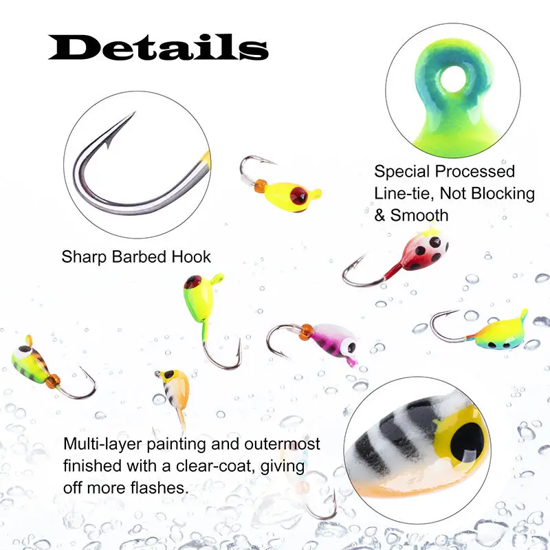 Wholesale Winter Fishing Small Colorful Lure Glowing Tungsten Raindrop Ice Jigs Head Set with Tackle Box