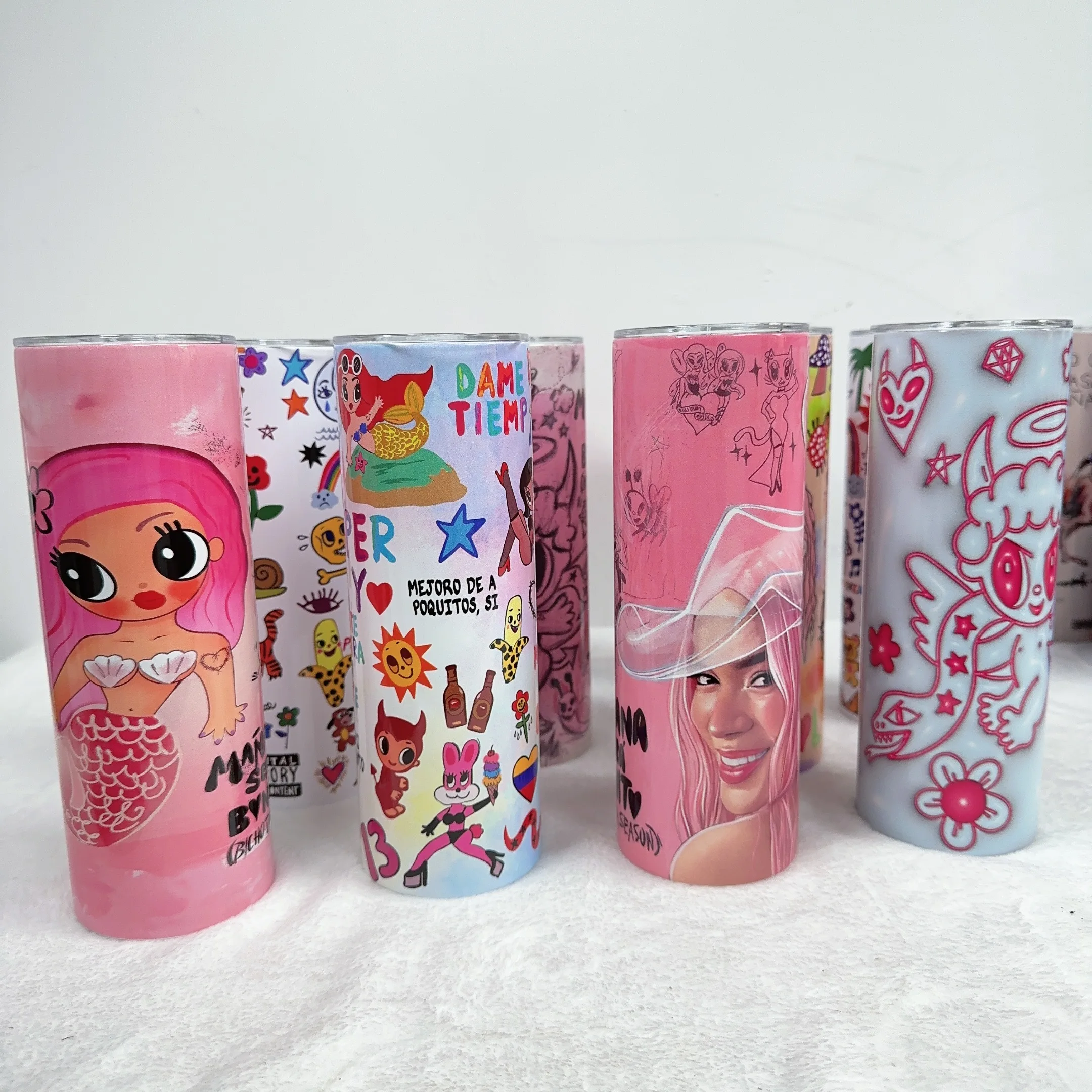 new arrival custom cute cartoon pink Karol g album designer 20oz skinny insulated coffee cups tumbler with lid and straw