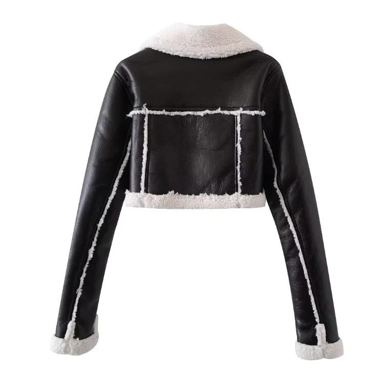 OJW122938 Cropped Fall Winter Clothes 2023 Streetwear Short Women Fur Leather Motorcycle Jacket