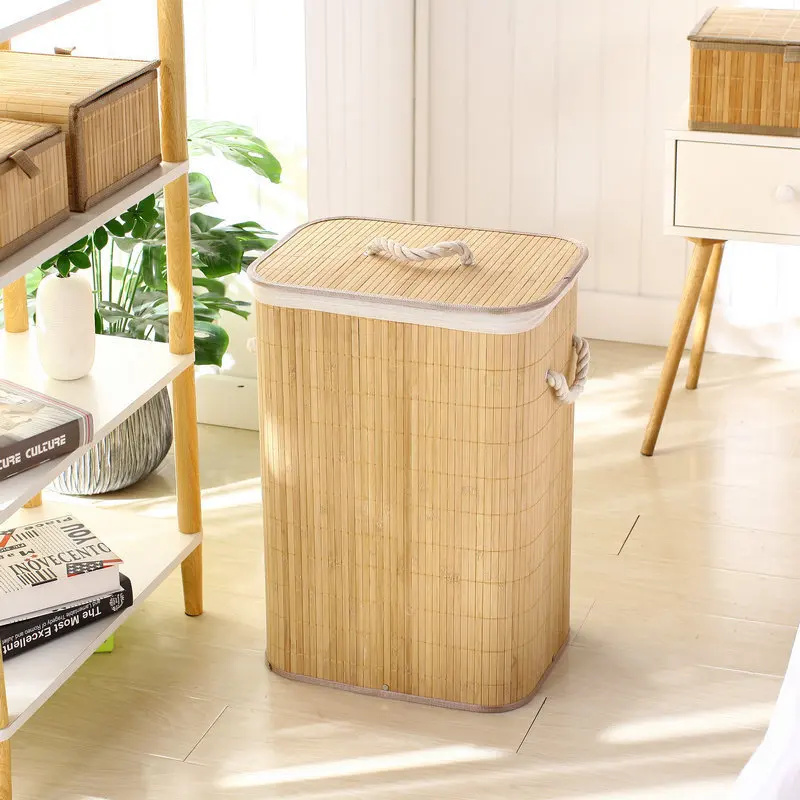 Foldable Bamboo Woven Laundry Hamper with Removable Liner and Lid for Bedroom Bathroom and Living Room Use