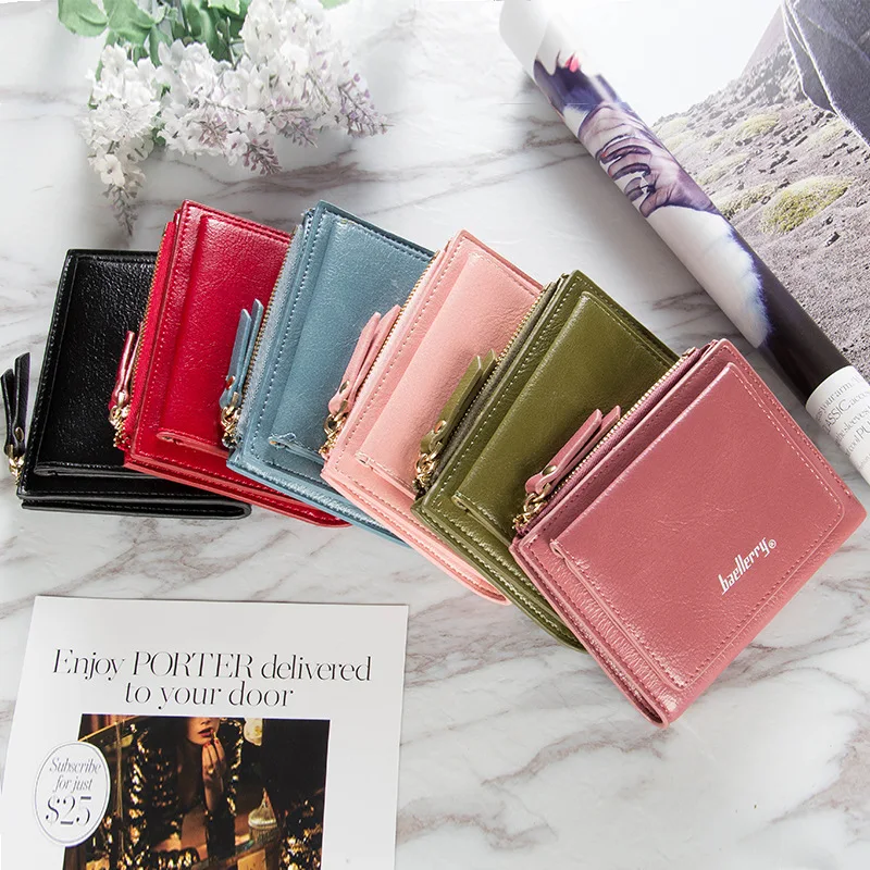 Manufacturers wholesale new short zipper two fold clasps horizontal lovely leather card holder wallet women