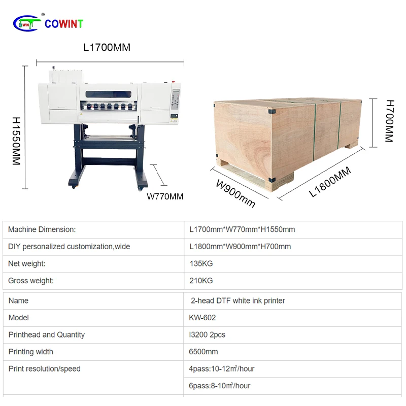 Cowint automatic all in one t shirts digital dual i3200 head 60cm dtf printer transfer pet film shaker printing machine