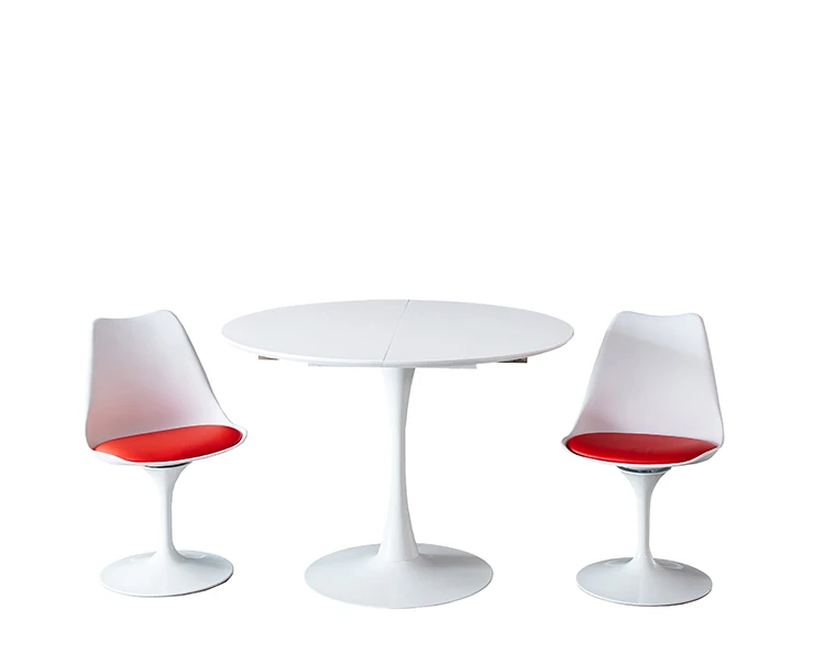 Wholesale Free Sample Nordic Luxury Style High Gloss Dining Table Set Round Wood MDF Dining Room Tables and Swivel Chair