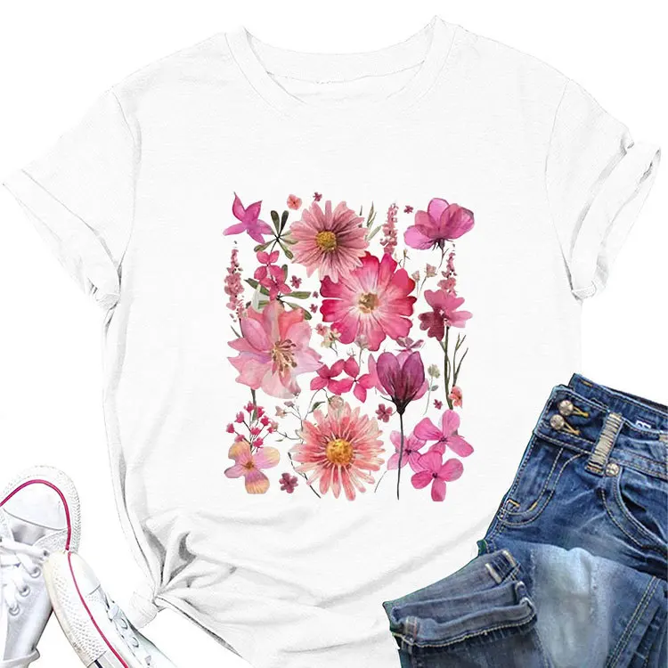 Best Selling Beautiful Flower Patterns Prints Plus Size Oversize Soft Comfortable And Breathable Tee Shirt For Ladies