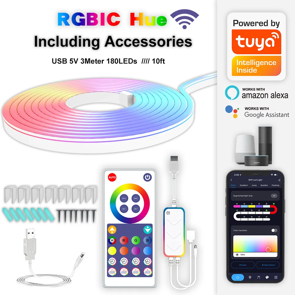 Smart Home Light Tuya wifi Bluetooth 3 meters colorful music neon light strip music light strip DIY shape 16 million colors