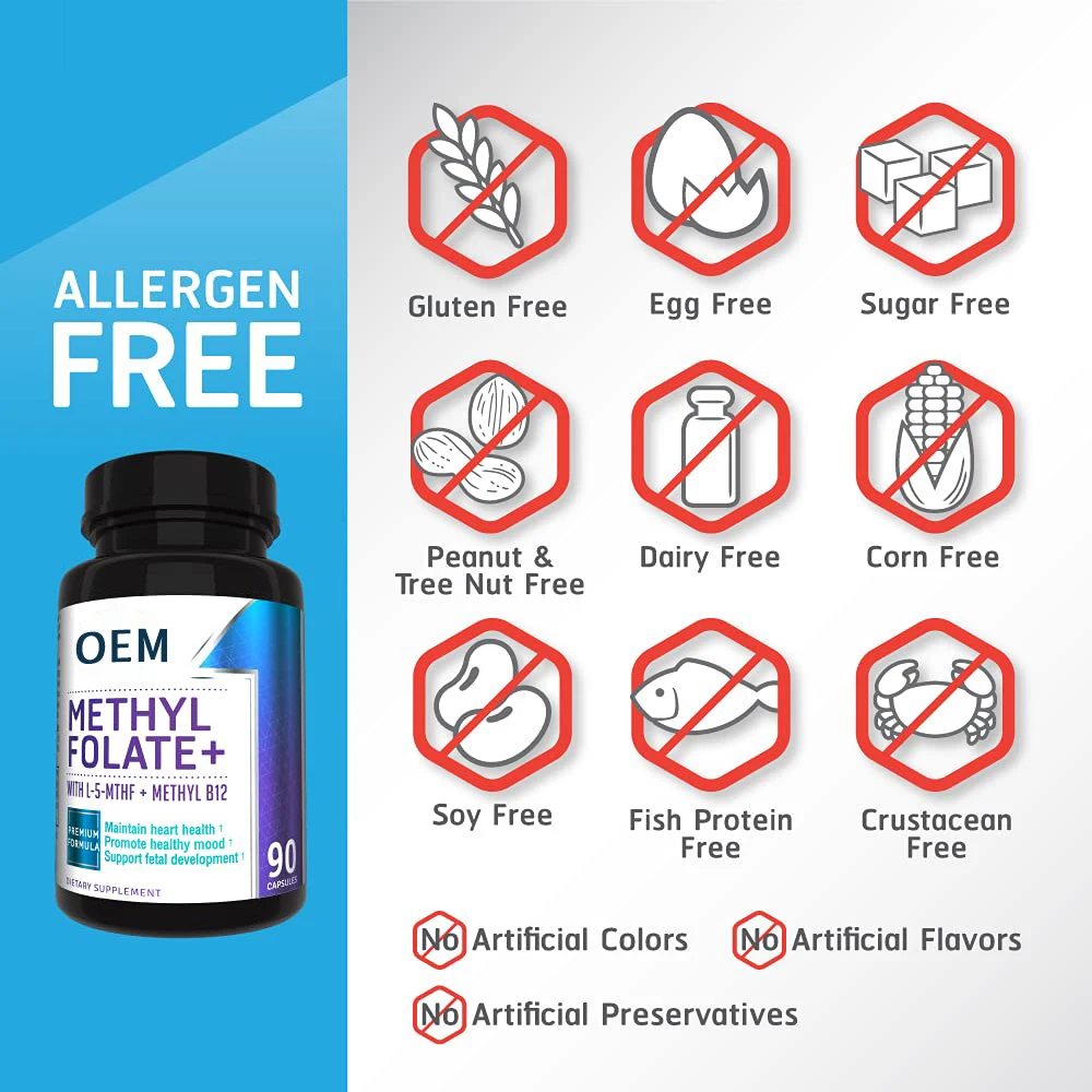 OEM Methyl Folate Capsules Vitamin B12 Organic Powder Pills Supplement Support Balance Mood Immune Health