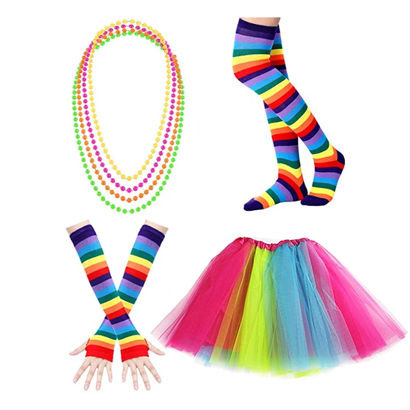 Womens 80s Neon Party Outfit Costume Rainbow Stripes Arm Warmer Long Socks Bowtie Suspenders Tutu Skirt Cosplay Set