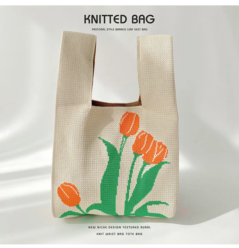 Fashion Design Flower Pattern Knitted Handbag Cute Ladies Casual Crochet Wallet Knitted Tote Bag