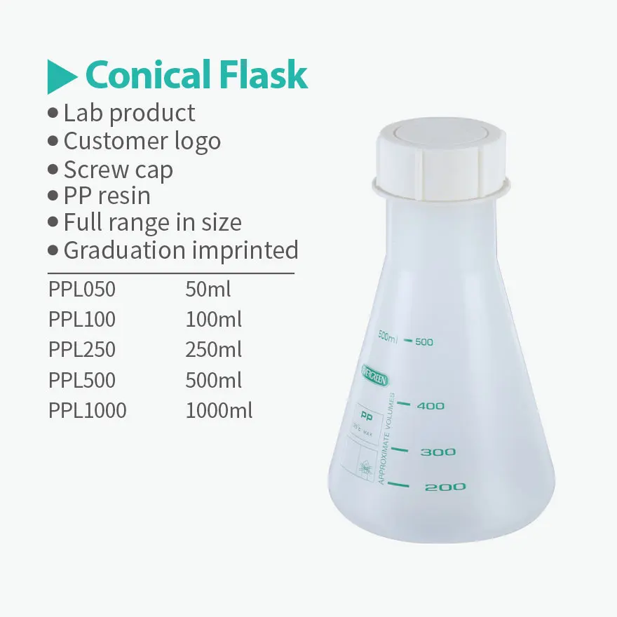 50ml 100ml 150ml  250m  500ml 1000ml Graduated Plastic Conical Flasks With Screw Cap