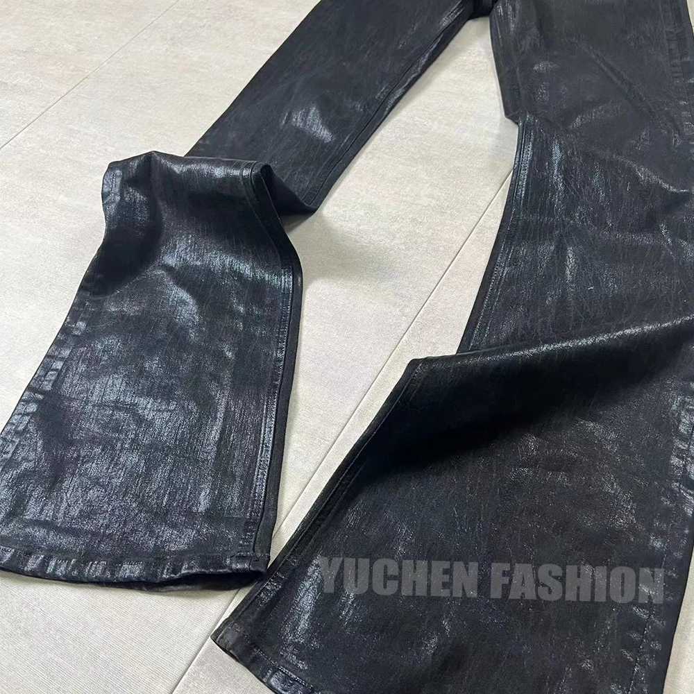 vintage wax jeans streetwear raw edges stacked jeans wholesale custom distressed wax coated denim pants skinny flare jeans men