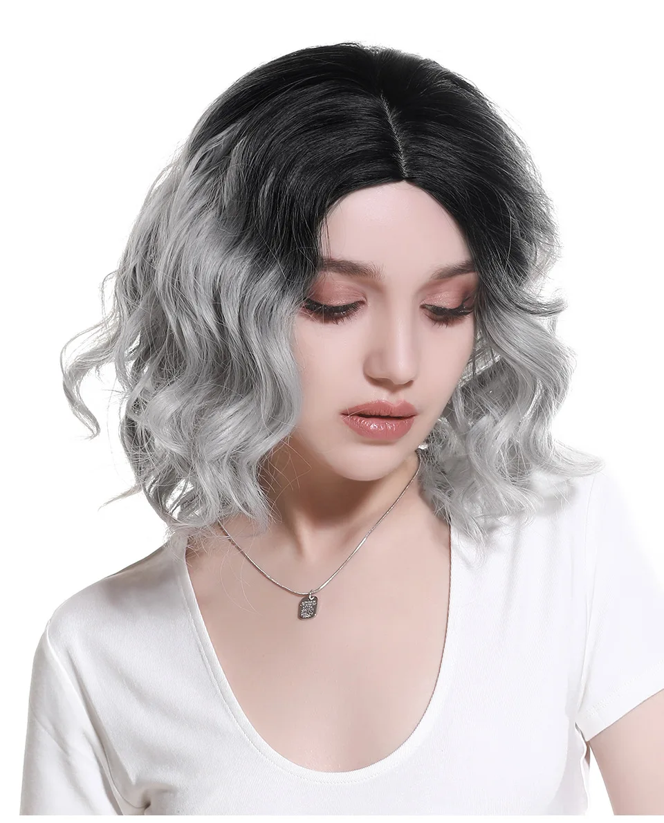 New Arrival Short Human Hair Synthetic Blend Wigs Highlight Ombre Black Silver Colored Synthetic Hair Wig For Women