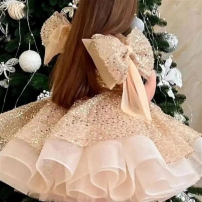 Children Party Dress Big Bow Shoulder Princess Sweet Sequin Puffy Prom Gown Baby Girls Piano Perform Formal Evening Dresses