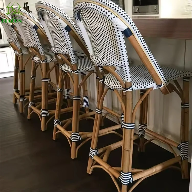 Custom Modern Rattan French Outdoor Bistro Commercial Restaurant Barstool Bamboo Rattan Bar Stools For Garden