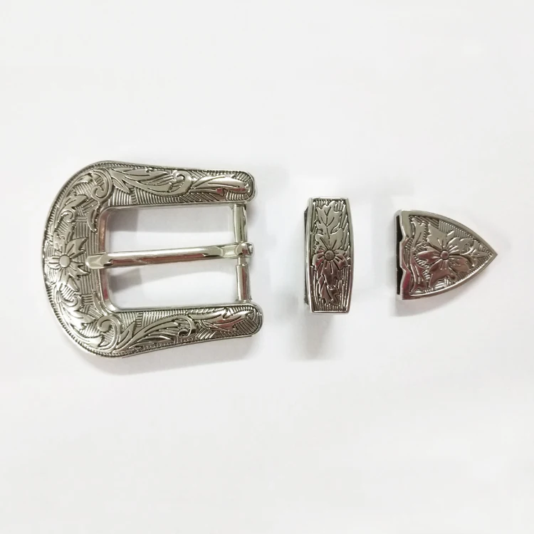 Factory sale various widely flower engraved 25mm 3 piece western belt buckle set