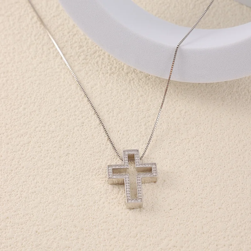Rose Red CZ Cross Pendant Necklace 925 Sterling Silver Couple Necklace Religious 18K White Gold Jewelry