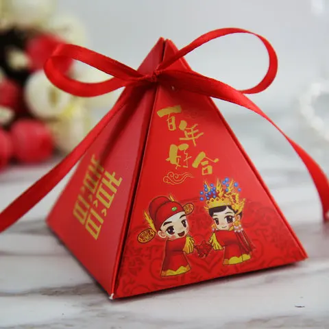 Factory Customize Wholesale from Stock Triangle Exquisite Cute Baby Wedding Candy chocolate Small Gift Paper Box With Ribbon Bow
