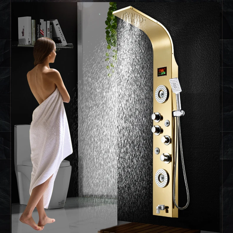 
Amazon hot sell 2021 new design bathroom wall mounted stainless steel Waterfall Golden column set tower Shower Panels 