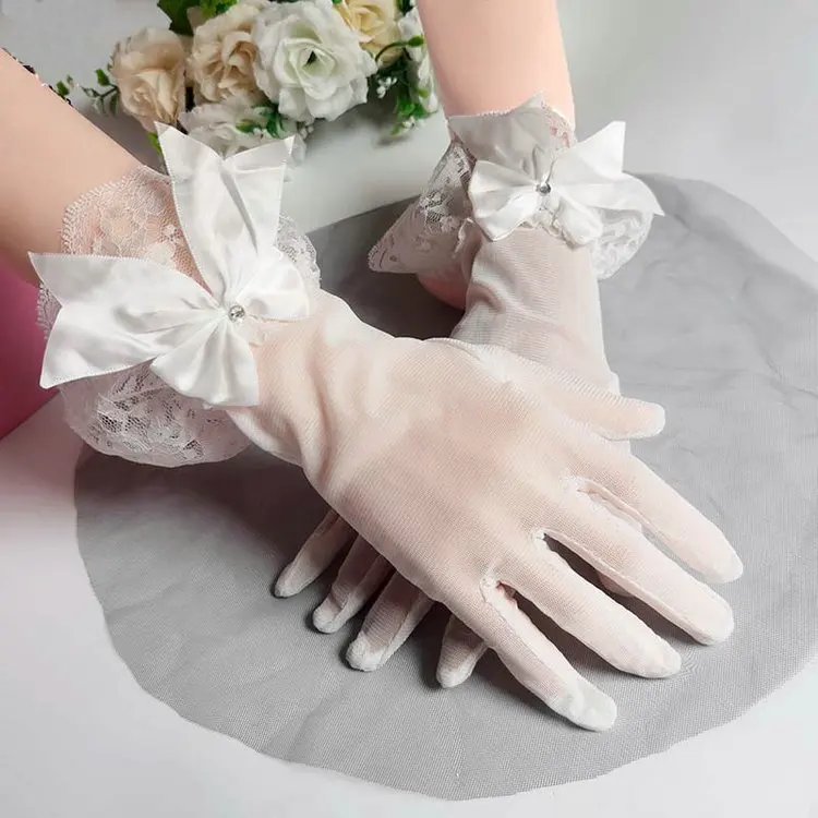 Qushine Elegant Prom Floral Lace Flower Bridal Mittens Stretchy Adult Size gloves Wedding Opera Party