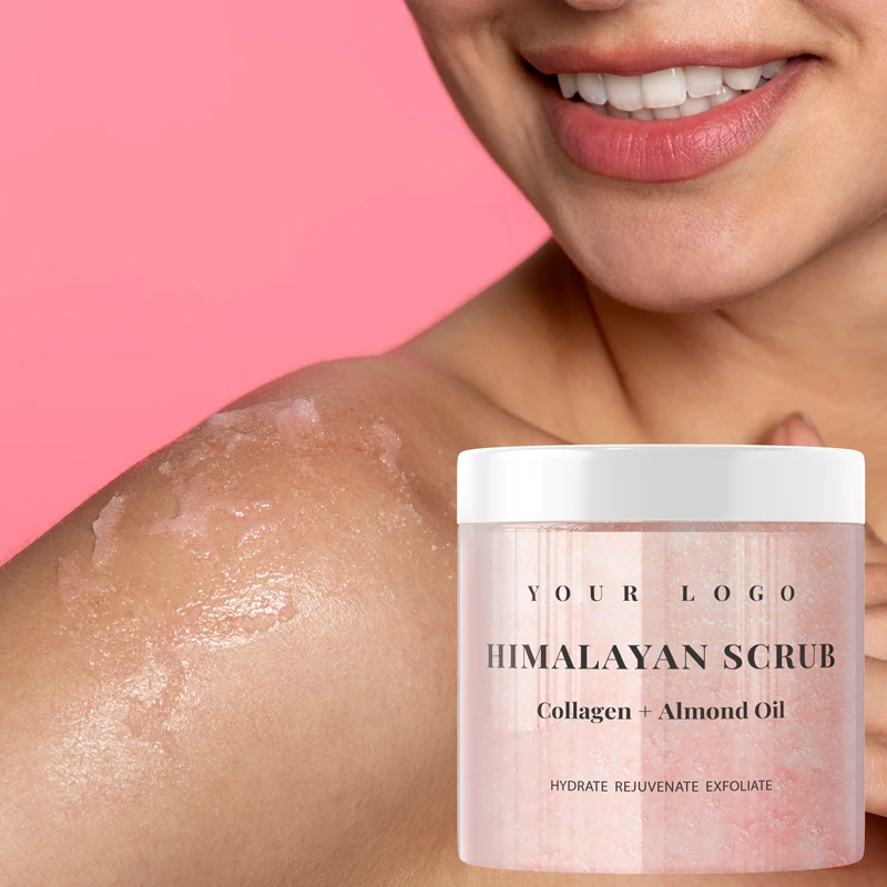 Частный бренд Отшелушивающий 100% натуральный Гималайский розовый соляный скраб для тела с маслом сладкого миндаля увлажняет